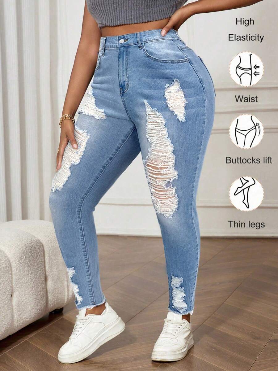 SHEIN Essnce 蓝色大码牛仔裤休闲紧身弹力破洞紧身裤