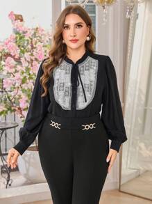 Modelyn Blouse ample à manches longues, col volant, décoration de perles, couleur unie élégante pour le printemps et l'automne, grandes tailles - Noir - Voir 1
