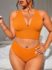 Swim Basics 1pc Plus Size Women's Solid Color Textured Fabric Tankini Swimsuit - Mustard Yellow - View 6