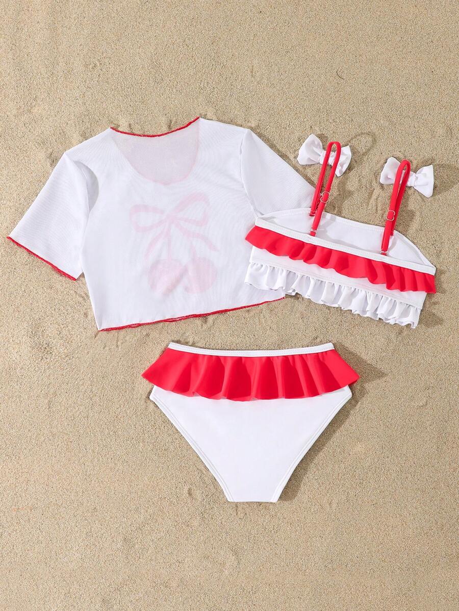 Young Girl 3pcs Set Red Cherry Print Swimsuit With Positioning Print - Red - View 1