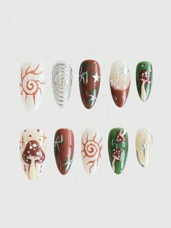 Fairycore 10pcs Y2K Style Sunflower & Mushroom Multicolor Hand-Painted High Quality Press-On Nails + 3 Sheets Double-Sided Adhesive, Removable & Reusable Clash Color Nail Stickers, Suitable For Festivals, Parties, Dancing And Daily Wear