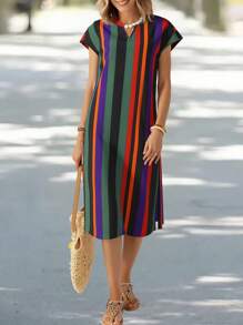 EMERY ROSE Women's Midi Striped Dress, Short Sleeve, Fashionable Summer