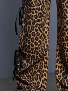 SHEIN 青少年女孩休闲豹纹侧蝴蝶结腰部宽松运动裤