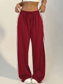 StreetHx Drawstring Straight Leg Sweatpants, Solid Color, Fashion Suitable For Summer Fall Cloth For Women - Burgundy - View 3