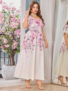 Modelyn Đầm suông tay ngắn in hoa cổ chữ V thanh lịch ôm vừa vặn cỡ lớn cho nữ - Nhiều màu - Xem 6