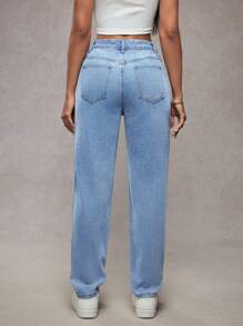 SHEIN Tall Casual Rhinestone Embellished High Waist Washed Tapered Jeans - Medium Wash - View 2