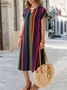 EMERY ROSE Women's Midi Striped Dress, Short Sleeve, Fashionable Summer