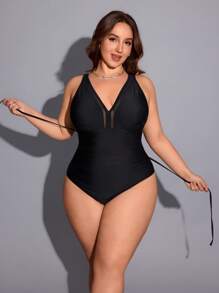 SHEIN Swim Curve 大码塑形抽绳连体泳衣