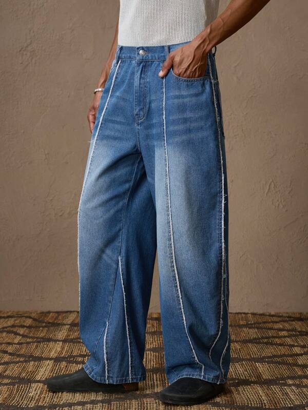 AKNOTIC Men's Casual Loose Fit Straight Leg Mid-Waist Blue Denim Jeans, Suitable For Summer, Vacation, Daily Wear, Party, Couples, Gift For Men