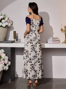 Modelyn Women's Long Floral Print Princess Sleeve Cinched Waist Flare Hem Elegant Formal Dress