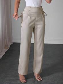 Modelyn 女式侧系腰喇叭直筒裤 - 米色 - 查看 5