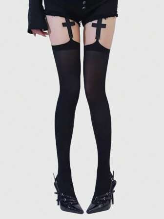 Grunge Punk 1 Pair Goth Style Dark Black Cross Pattern Suspender Socks