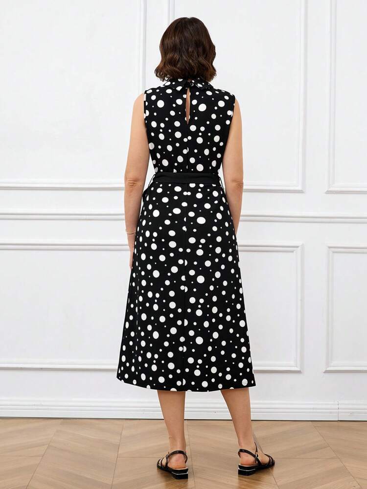 Women's Casual Polka Dot Print Sleeveless Mid-Length Dress, Elegant Ladies Dress For Summer