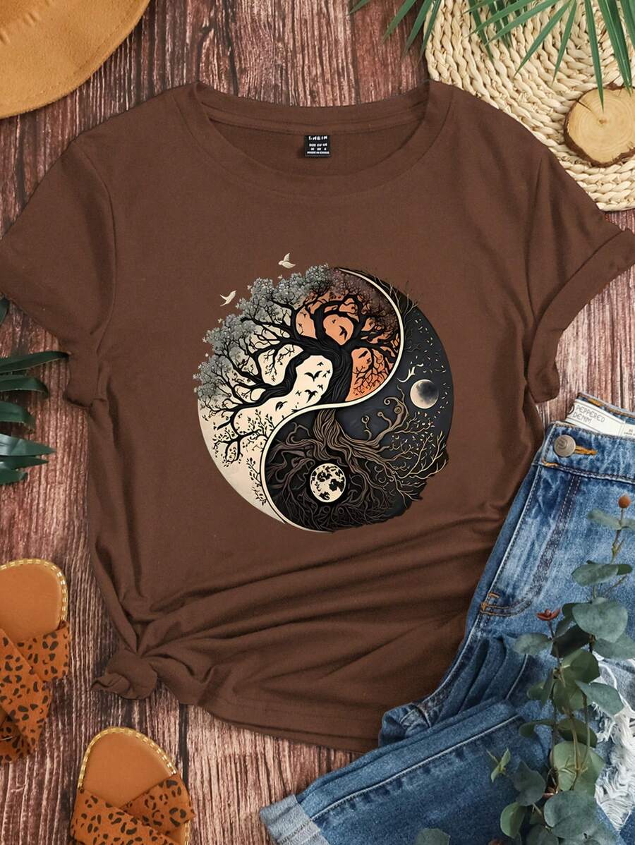 Calvaya Tree Of Life Printed Casual Short Sleeved T-Shirt, Spring And Summer Short Sleeved Casual Top, Women's Clothing Graphic Tees Women Tops - Navy Blue - View 1