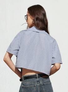 GENKIRA Blue & White Striped Loose Cropped Shirt With Blue Striped Satin Faced Oversized Bow Decoration, Versatile Casual Women Top - Blue and White - View 2