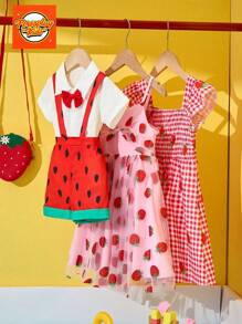 SHEIN Young Girl' Cute Strawberry Pattern Cap Sleeve Ruffle Hem Dress, Summer Casual For Vacation & Outdoor Activitie - Red - View 6