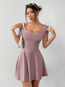 SHEIN EZwear 女士浅灰紫色针织短款休闲连衣裙，夏季 - 淺灰紫 - 查看 6