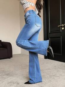SHEIN EZwear Women Elastic Skinny Flared Jeans,Aqua Blue,Summer,Casual,Everyday Athable Denim Pants For Graduation,Vacation,Country Concert,Old Money - Blue - View 6