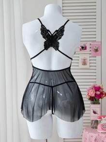 PetitDoll Conjunto de 2 piezas de lencería y negligé con encaje para mujer