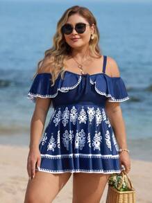 Swim Lushoire Plus Size Women Retro Print High Waisted Slimming Two Pieces Swimdress Swimsuit Set For Summer Beach Vacation - Multicolor - View 5