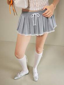 Muvela Women's Pleated Mini Skirt With Tie Waist, Solid Color Fashion Summer Clothing