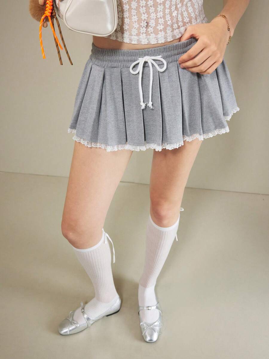 Muvela Women's Pleated Mini Skirt With Tie Waist, Solid Color Fashion Summer Clothing