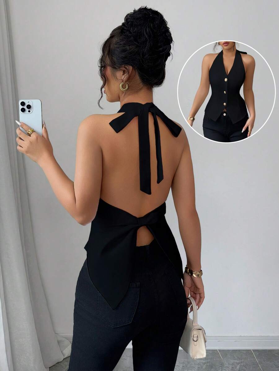 Elenzga Solid Color Halter Neck Tie Strap Backless Bow Elegant Ladies Blouse - Black - View 1