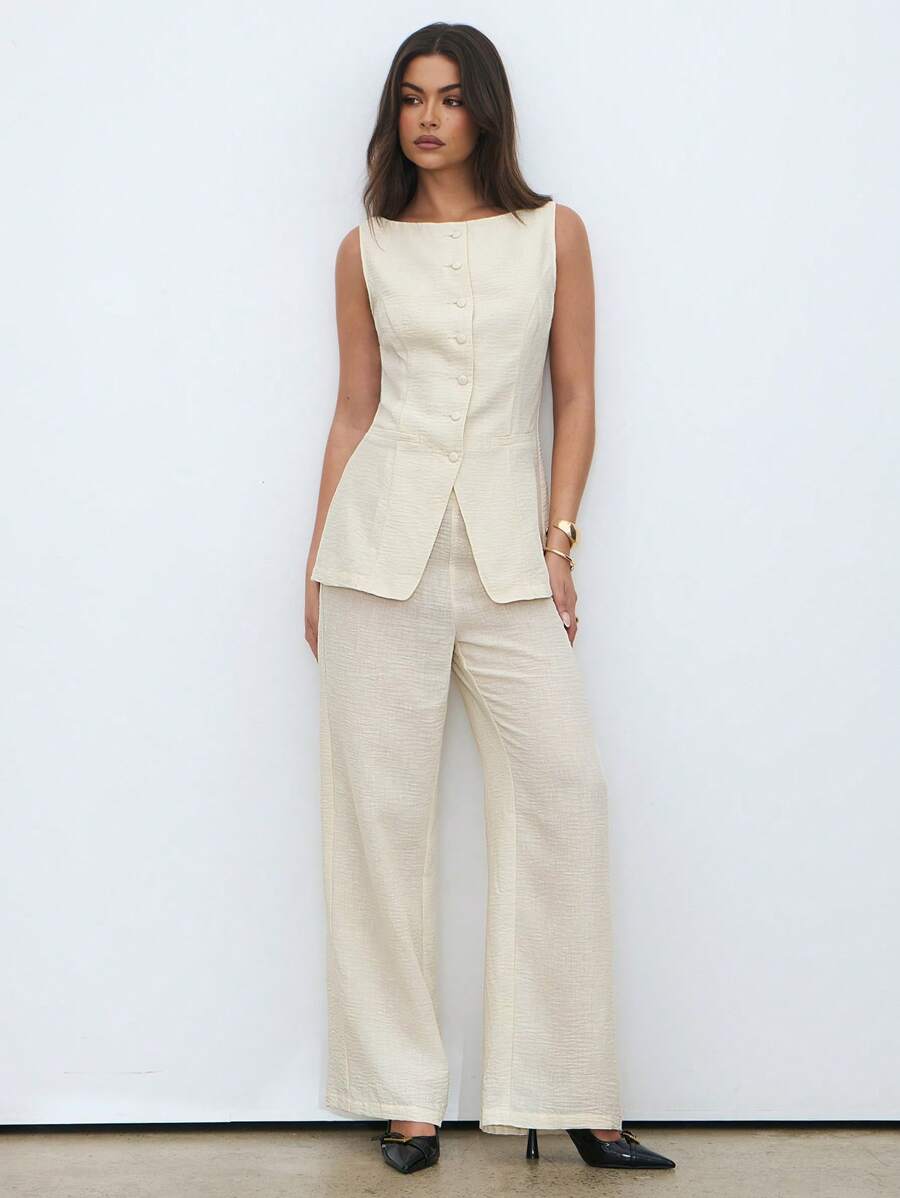 Aloruh 女式简约单排扣无袖西装背心和裤子两件套，夏季工作服 - 黃色 - 查看 1