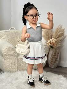 SHEIN Cute Baby Girl Print Tank Top And Elastic Waist Pleated Skirt Set, Summer - Grey - View 3