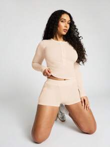 SUMWON WOMEN High Waist Ribbed Boxer Shorts Lounge Wear Spandex Booty Shorts Gym Workout Running - Beige - View 6