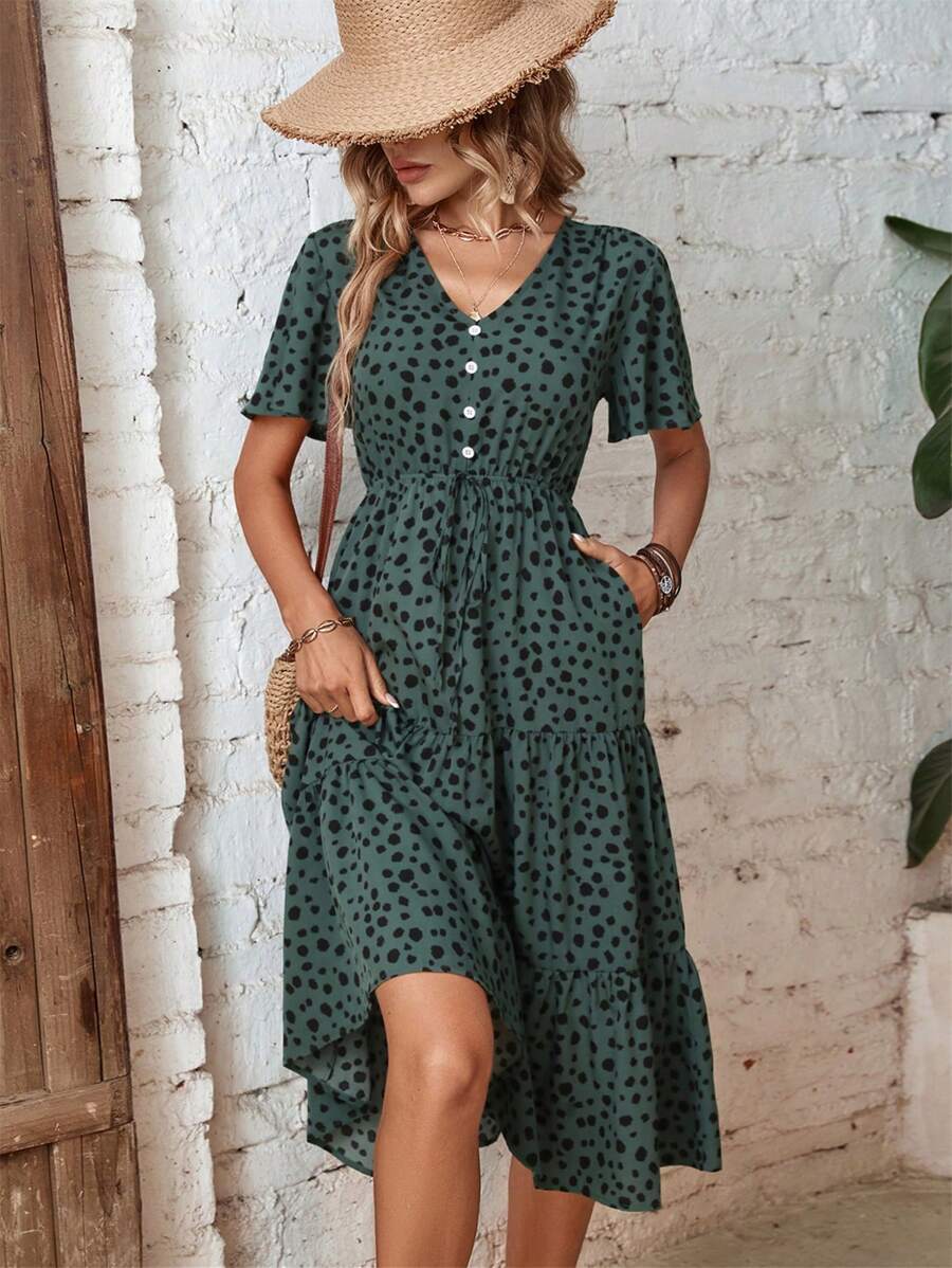 SHEIN Clasi 斑点狗印花前结荷叶边下摆长款女装连衣裙 - 墨綠色 - 查看 1