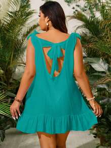 Slaydiva Plus Size Lace Crochet Coverup, Solid Color Spaghetti Strap, Fashionable For Summer - Blue - View 2