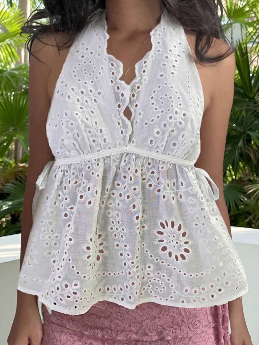 INAWLY Blusa de mujer con escote en V sexy, espalda descubierta y nudo en el cuello, con diseño jacquard calado