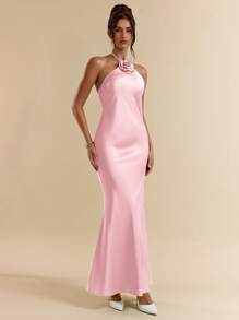 SHEIN BAE 绿色性感细肩带无袖连衣裙，3D 花卉装饰，缎面面料美人鱼婚礼宾客礼服，优雅长裙 - 珊瑚粉 - 查看 6