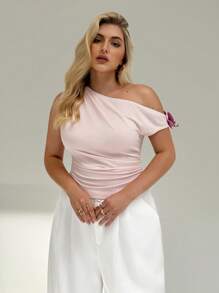 Auralis Plus Size Women Summer Vacation Y2k Asymmetrical Shoulder Top, Going Out Tops, Birthday Cute Concert Brunch Airport Country Fairycore Solid Color Elegant T-Shirt, - Pink - View 2