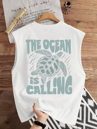 Manfinity Joysei Standard Size Men's "Ocean Calling" Sea Turtle Graphic Tank Top, Suitable For Summer