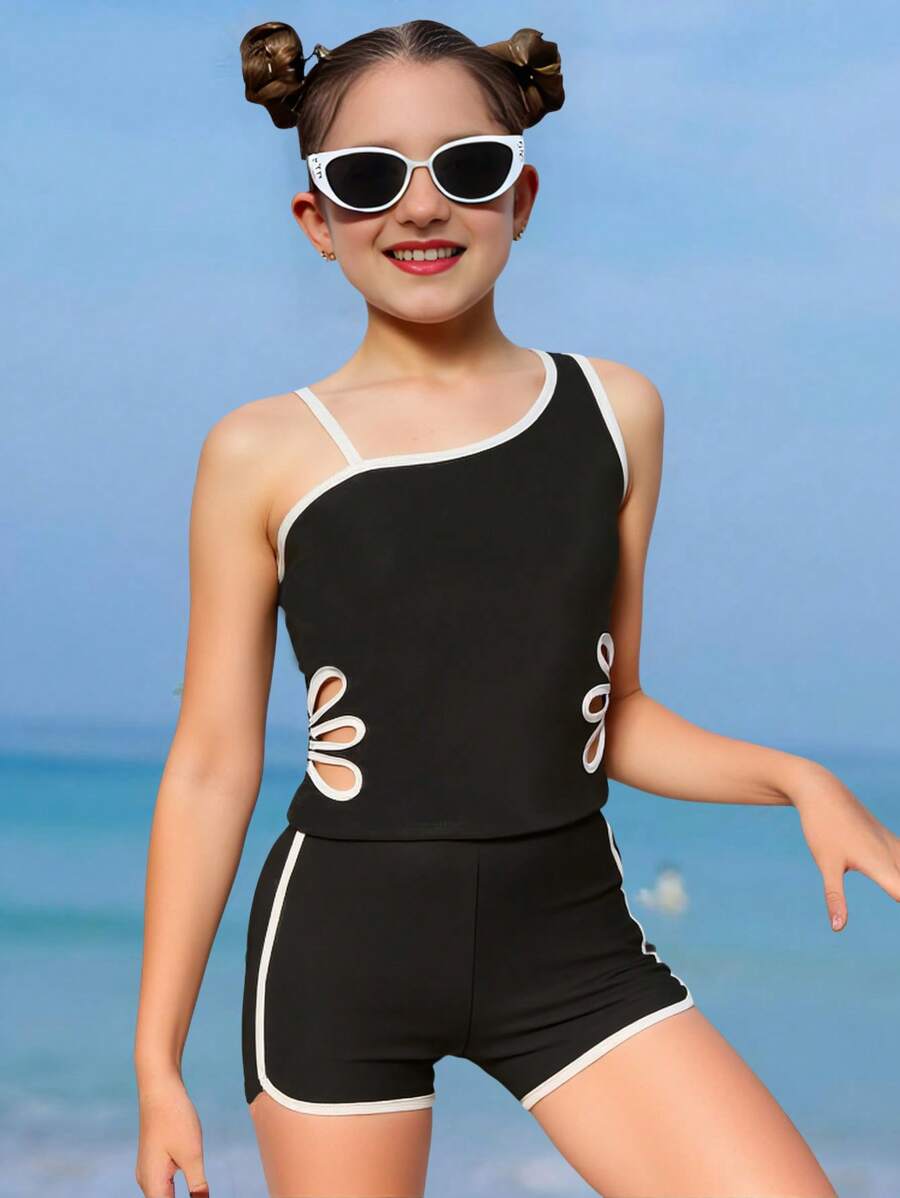 Tween Girl  Asymmetric Neckline Black And White Hollow Tankini Swimsuit Set - Multicolor - View 1