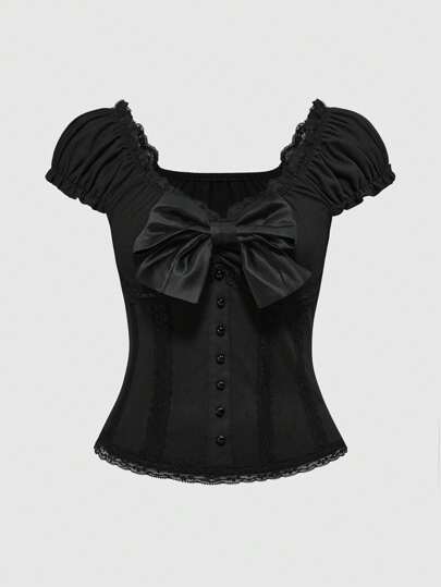 Goth Camiseta de ajustado con encaje de contraste y adorno de lazo cute y prepi para mujeres