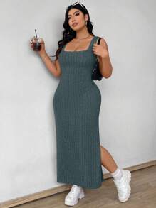 SHEIN MOOSTA Plus Size Solid Color Sleeveless Twist Hollow Out Slit Bodycon Casual Midi Dress Maxi Women Outfit - Blue - View 3