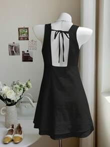 SHEIN EZwear 女士亚麻V领露背休闲度假短裙 - 黑色 - 查看 4