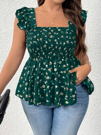 Breezaya Camiseta sin tirantes para mujer talla grande con cuello cuadrado, volantes en el bajo y cintura elástica con estampado floral pequeño