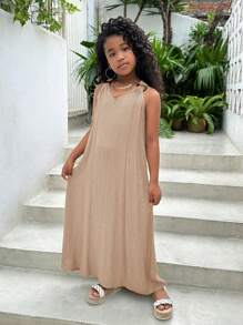 SHEIN Tween Girls Vacation Casual Sleeveless Twist Knot Dress, Spring & Summer - Khaki - View 5