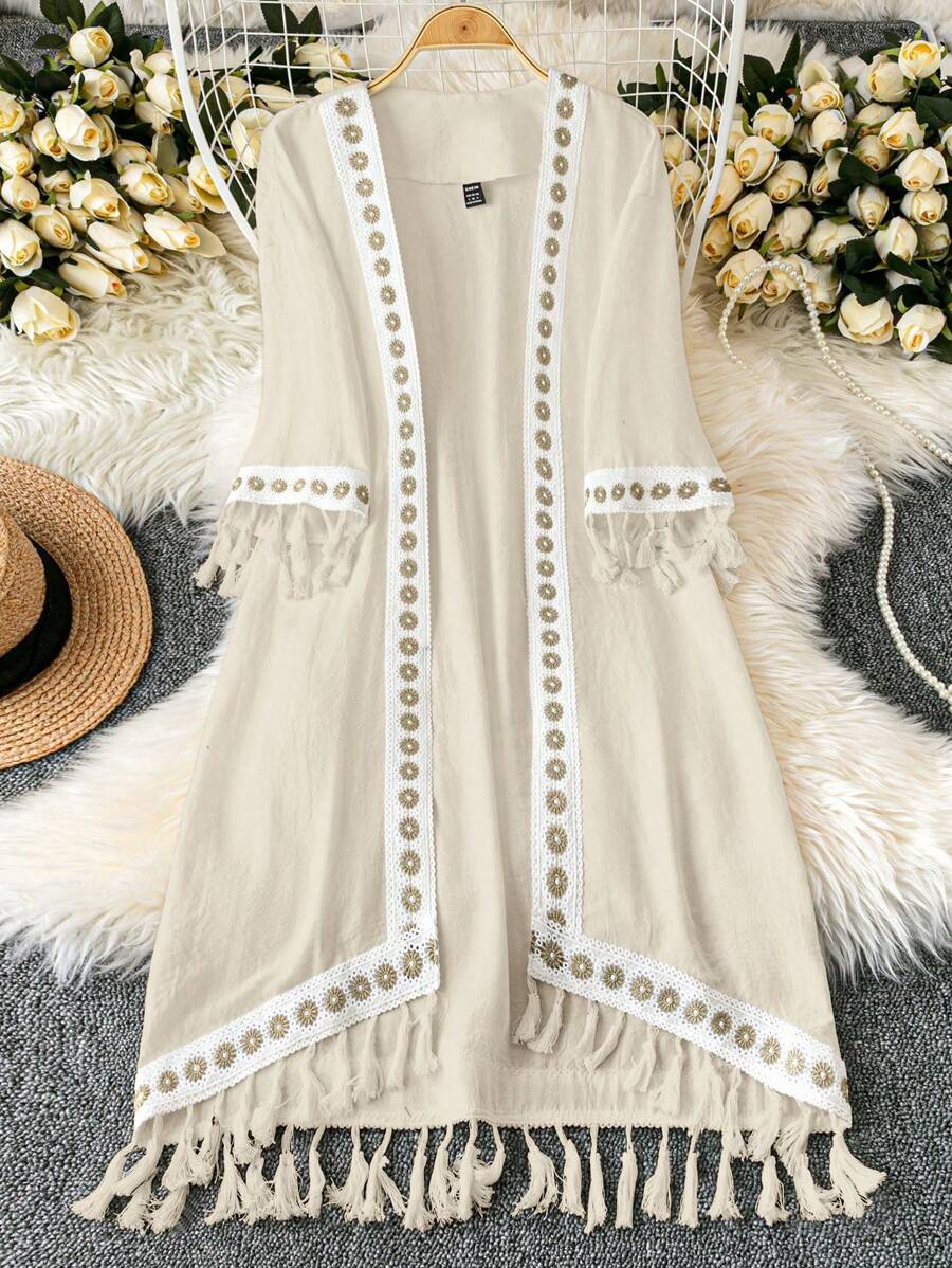 Breezaya Spring/Summer Flowing Fringe Striped Sheer Lightweight Long Cardigan, Suitable For Beach Holiday, Summer Music Festival - Apricot - View 1