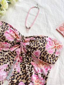 Soleia Plus Size Women Sexy Red Floral Print Halter Open Bust Slit Chiffon Blouse, Suitable For Afternoon Tea, Autumn/Winter