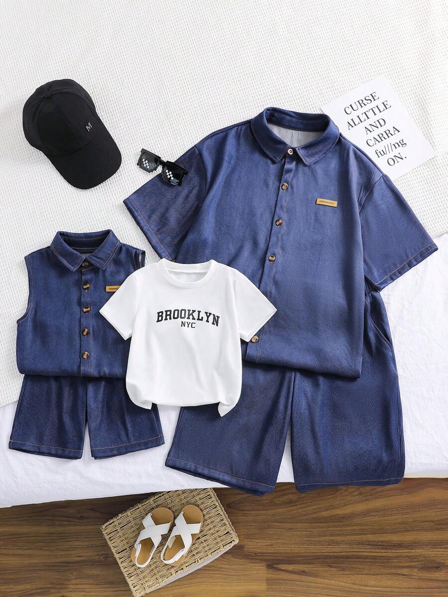 3 Pieces Men's Set: White Knit T-Shirt & Blue Shirt With Embroidered Patch & Blue Shorts, Fashionable Casual Stylish Outfit, Suitable For Spring/Summer, Overall Stylish And Fashionable Look, Great For Parties - Blue - View 1