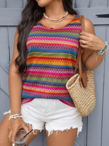 SHEIN VCAY 大码女式彩色钩针花朵针织背心，适合夏季、母亲节、度假、狂欢、西部风服装 - 彩色 - 查看 5