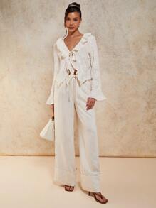 COSMINA Women's Elegant Vacation Transparent 3D Flower Tied Ruffle Hem Blouse, Spring/Summer - Apricot - View 3