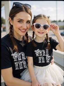 SHEIN EZwear Casual Simple Family Matching Mama Mini Print Pattern Loose Fit Round Neck Short Sleeve Women T-Shirt, Suitable For Summer - Black - View 7