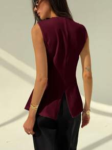 Aloruh Sleeveless Simple Commuter/Office Metal Decor Women Blazer Office In Fall/Winter - Burgundy - View 2