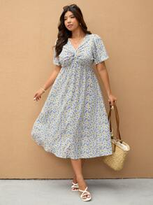 Elaquor Plus Size Elegant Tiny Ditsy Floral Twist Front Dress,Summer Dresses For Women - Multicolor - View 4